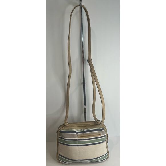MultiSac Zippy Tan Green Blue Striped Triple Compartment Crossbody Shoulder Bag - Picture 7 of 15